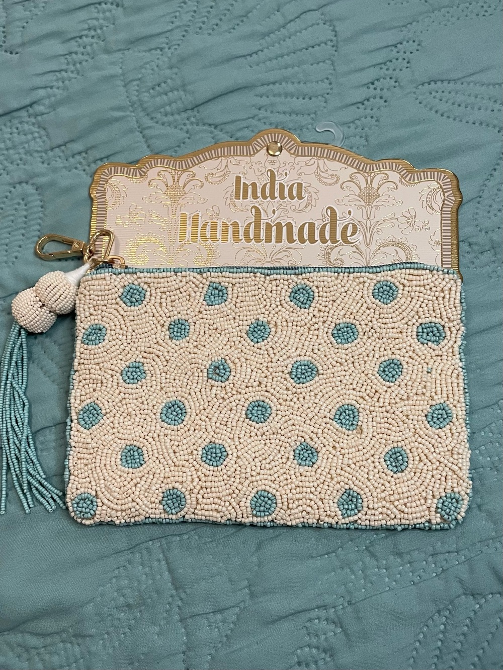 Off White & Aqua Beaded Wristlet with Blue Dot Accents